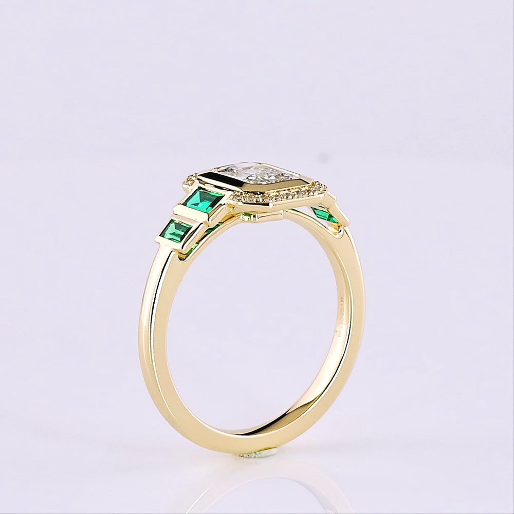 14K Yellow Gold Radiant Cut Lab Diamond Halo Ring with Emerald Baguette Accents - 1.06 Total Carat Weight - Covaloro Fine Jewelry