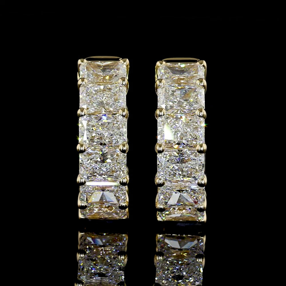 14K Yellow Gold Radiant Cut Lab Diamond Huggie Earrings - 3.03 Carats Total Diamond Weight, E-F VS Clarity, 18 Stones Total - Covaloro Fine Jewelry