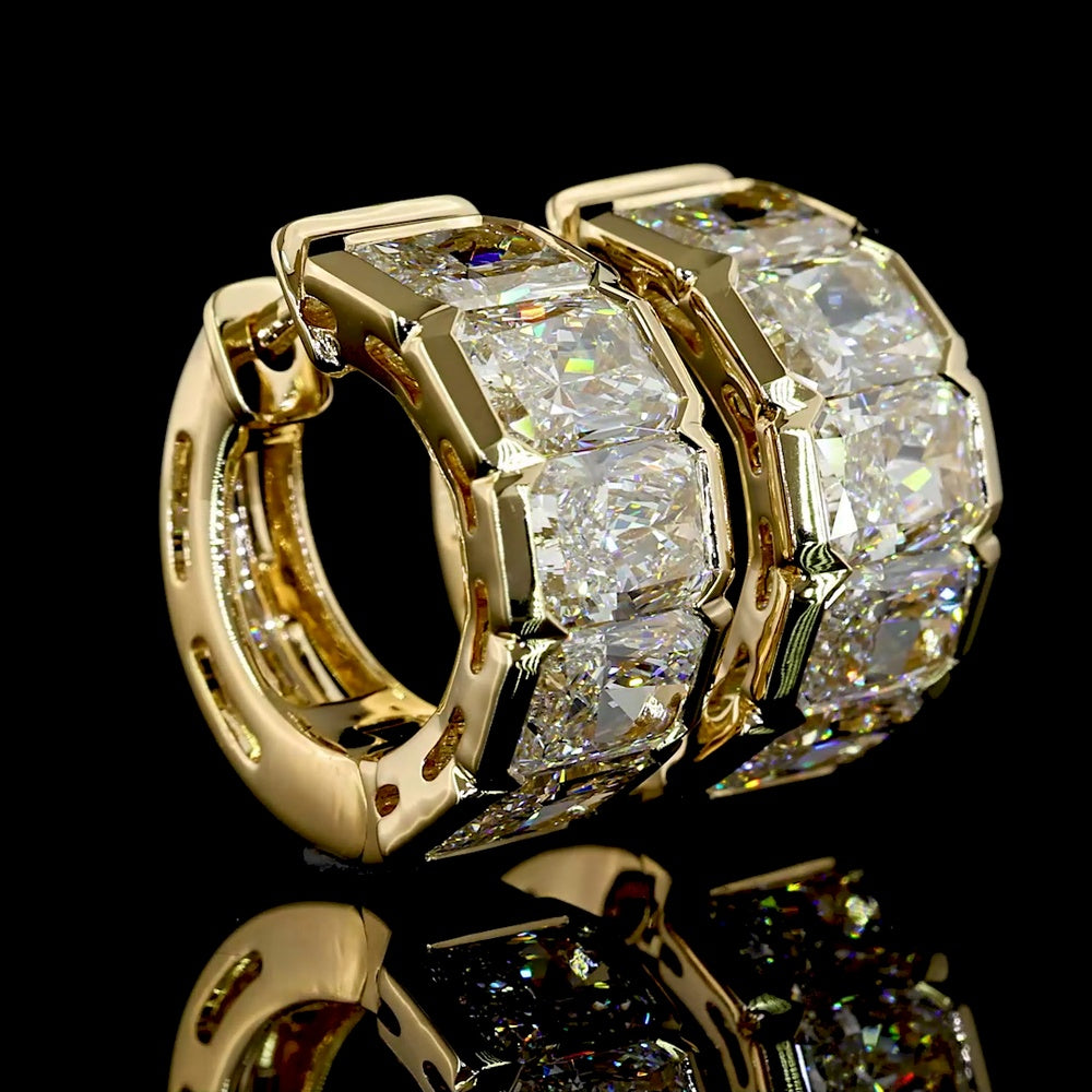 14K Yellow Gold Radiant Cut Lab Diamond Huggie Earrings with Half Bezel Setting - 5.20 Carats Total Diamond Weight - Covaloro Fine Jewelry