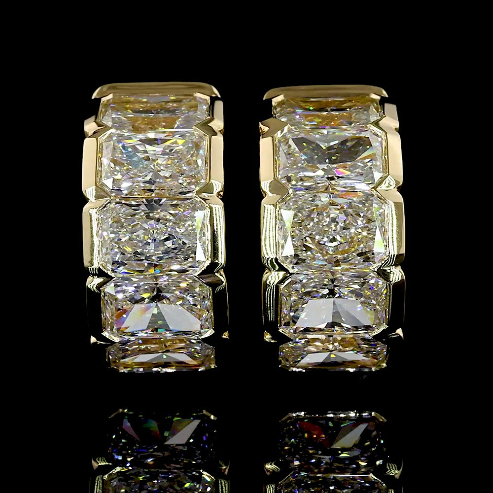 14K Yellow Gold Radiant Cut Lab Diamond Huggie Earrings with Half Bezel Setting - 5.20 Carats Total Diamond Weight - Covaloro Fine Jewelry