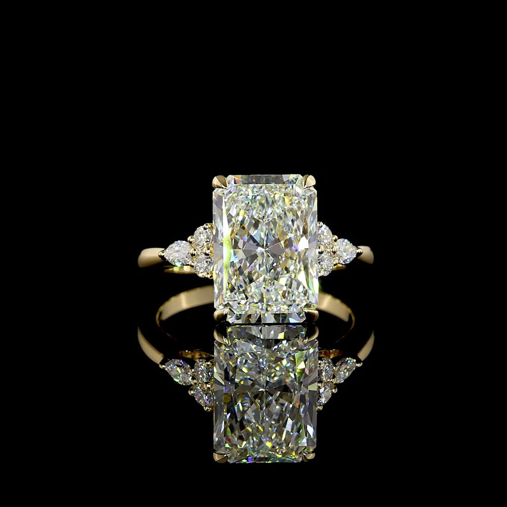 14K Yellow Gold Radiant Cut Lab Diamond Ring with Marquise and Round Accents - 4.82 Carat Total Diamond Weight - Covaloro Fine Jewelry