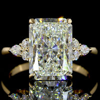 14K Yellow Gold Radiant Cut Lab Diamond Ring with Marquise and Round Accents - 4.82 Carat Total Diamond Weight - Covaloro Fine Jewelry