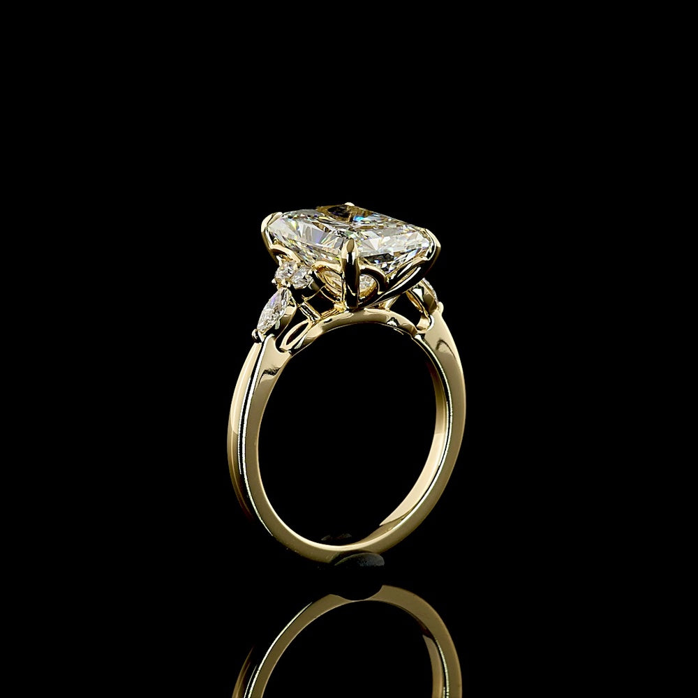 14K Yellow Gold Radiant Cut Lab Diamond Ring with Marquise and Round Accents - 4.82 Carat Total Diamond Weight - Covaloro Fine Jewelry