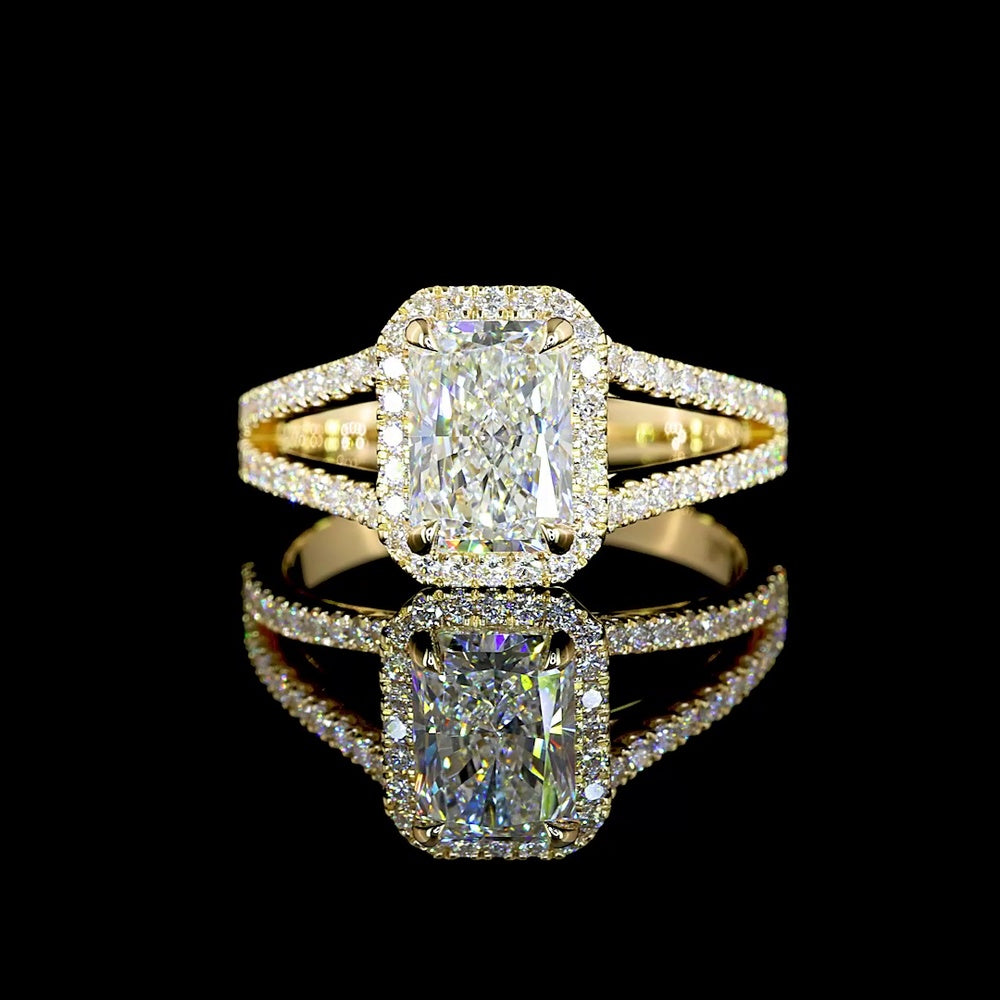 14K Yellow Gold Radiant Cut Lab Diamond Split Shank Halo Ring - 3.01 Carat Center with 0.60 Carat Accent Diamonds, Total 3.61 Carats, GIA Certified - Covaloro Fine Jewelry