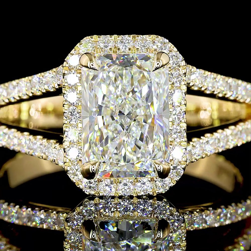 14K Yellow Gold Radiant Cut Lab Diamond Split Shank Halo Ring - 3.01 Carat Center with 0.60 Carat Accent Diamonds, Total 3.61 Carats, GIA Certified - Covaloro Fine Jewelry