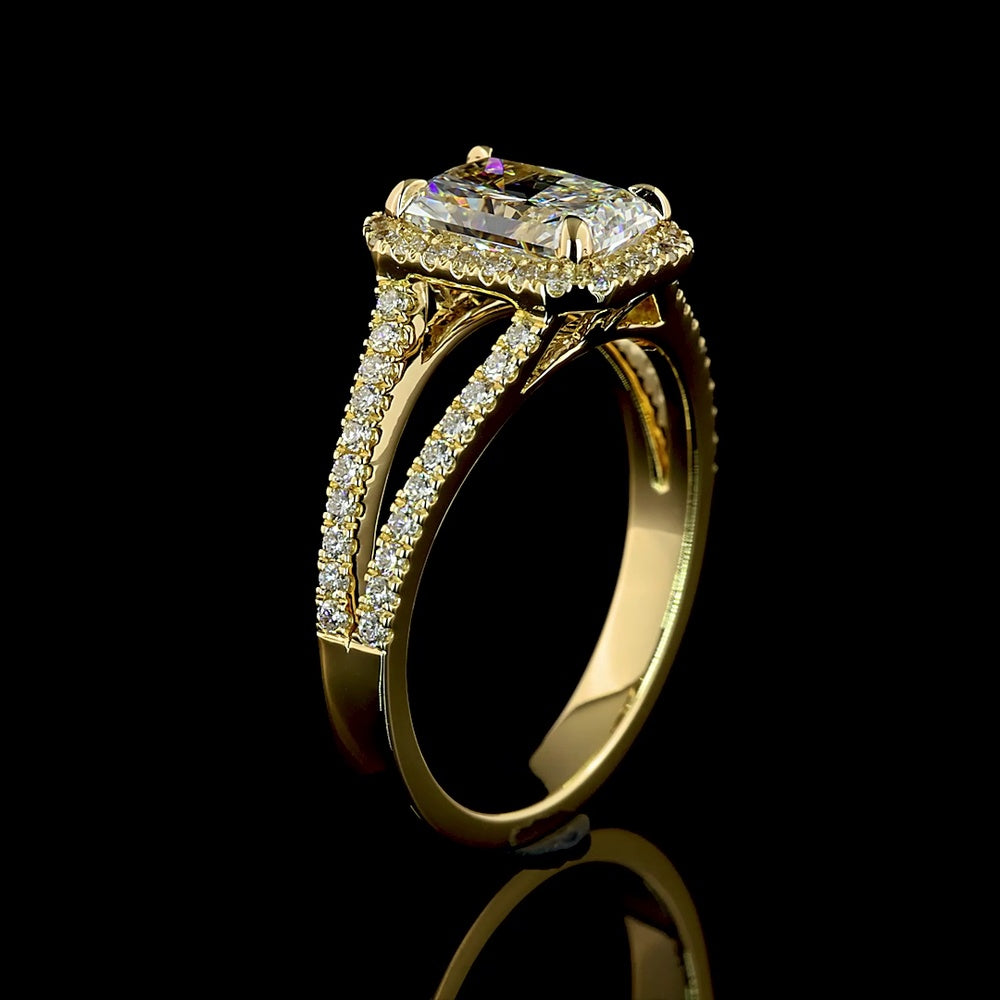 14K Yellow Gold Radiant Cut Lab Diamond Split Shank Halo Ring - 3.01 Carat Center with 0.60 Carat Accent Diamonds, Total 3.61 Carats, GIA Certified - Covaloro Fine Jewelry