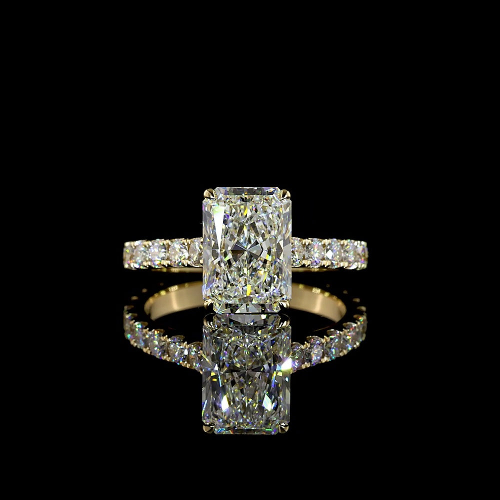 14K Yellow Gold Radiant Cut Solitaire Diamond Shank Ring with 3.07 Carats Center and 0.93 Carats Brilliant Side Stones - 4.00 Carats Total Diamond Weight, E VVS2 IGI Certified - Covaloro Fine Jewelry