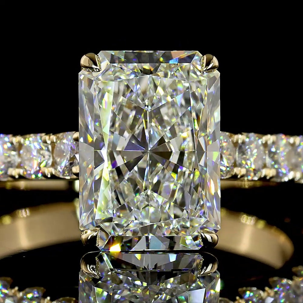 14K Yellow Gold Radiant Cut Solitaire Diamond Shank Ring with 3.07 Carats Center and 0.93 Carats Brilliant Side Stones - 4.00 Carats Total Diamond Weight, E VVS2 IGI Certified - Covaloro Fine Jewelry