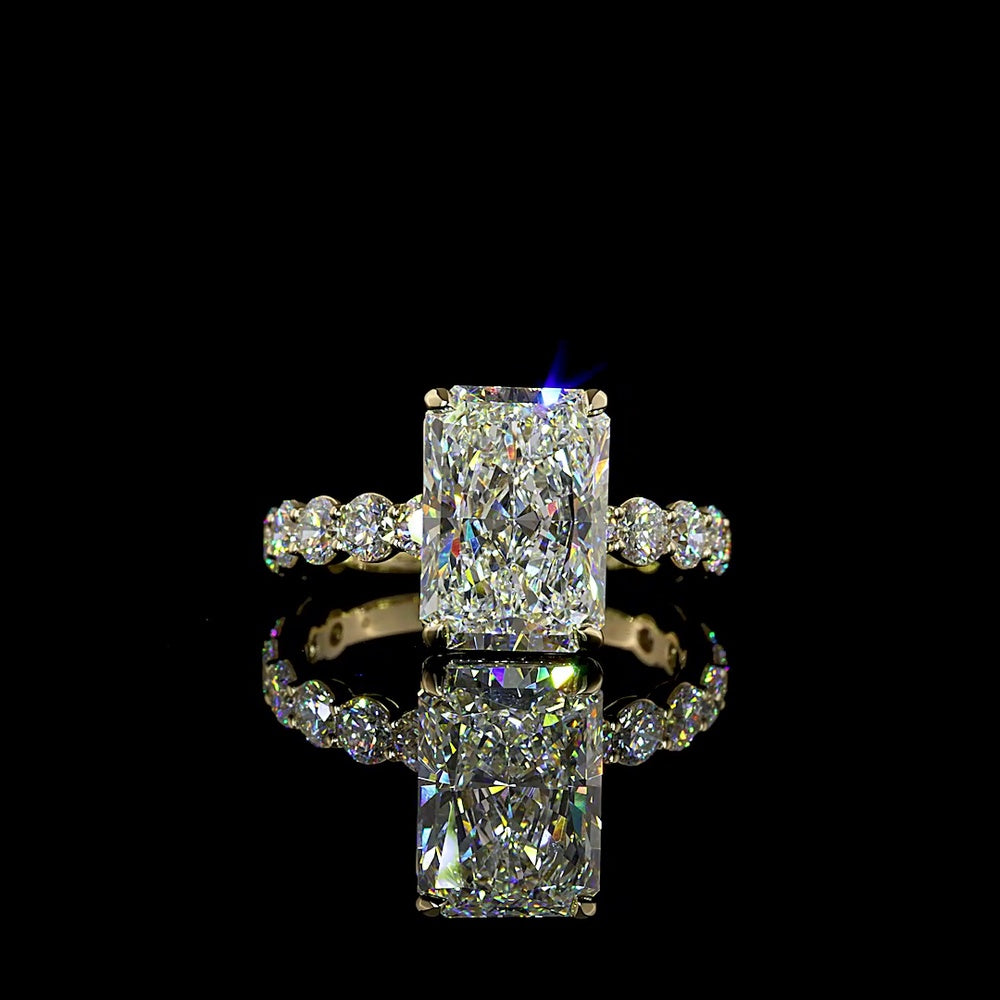 14K Yellow Gold Radiant Cut Solitaire Diamond Shank Ring with E VVS2 Lab Grown Center and E VS1 Accents - 5.51 Carats Total Diamond Weight - Covaloro Fine Jewelry