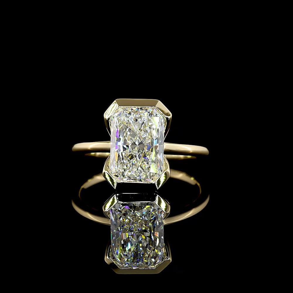 14K Yellow Gold Radiant Cut Solitaire Ring with Half Bezel Setting and 3.02 Carat E VVS2 Lab Diamond - Covaloro Fine Jewelry