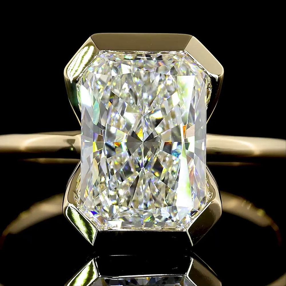 14K Yellow Gold Radiant Cut Solitaire Ring with Half Bezel Setting and 3.02 Carat E VVS2 Lab Diamond - Covaloro Fine Jewelry