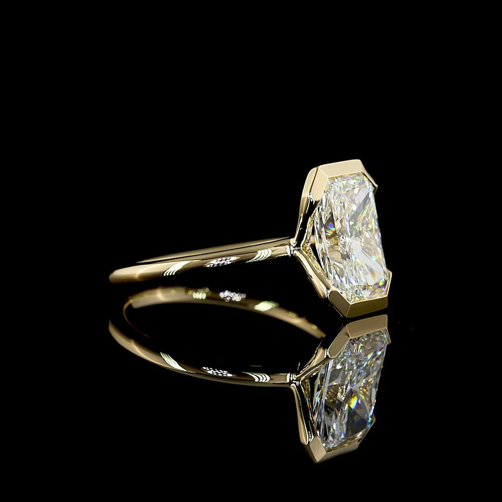 14K Yellow Gold Radiant Cut Solitaire Ring with Half Bezel Setting and 3.02 Carat E VVS2 Lab Diamond - Covaloro Fine Jewelry