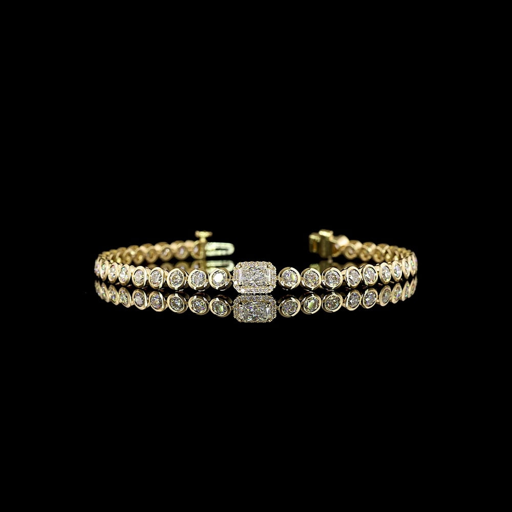 14K Yellow Gold Radiant Cut Tennis Bracelet with East-West Center Diamond and Bezel-Prong Setting - 4.32 Carats Total Lab Diamond Weight - Covaloro Fine Jewelry