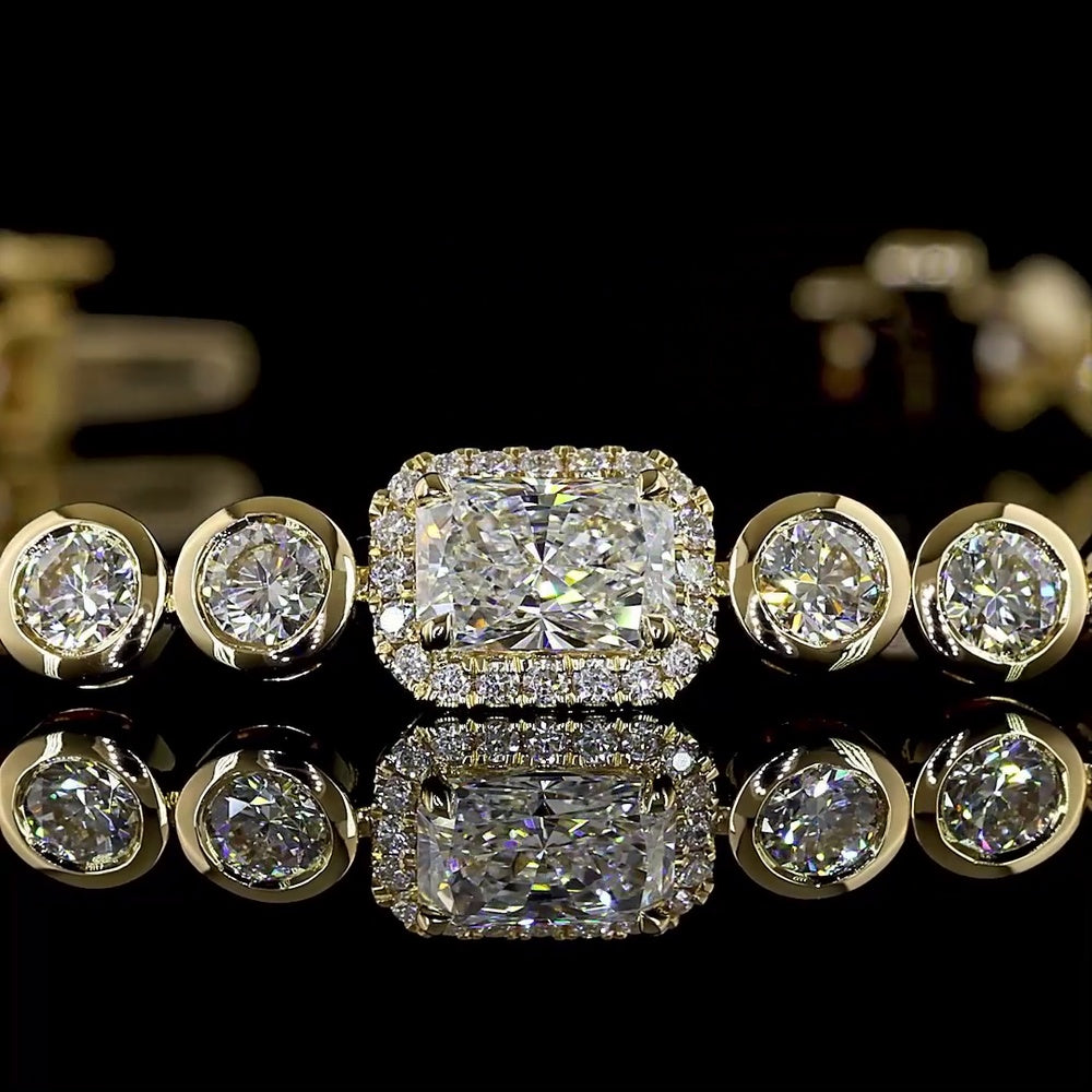 14K Yellow Gold Radiant Cut Tennis Bracelet with East-West Center Diamond and Bezel-Prong Setting - 4.32 Carats Total Lab Diamond Weight - Covaloro Fine Jewelry
