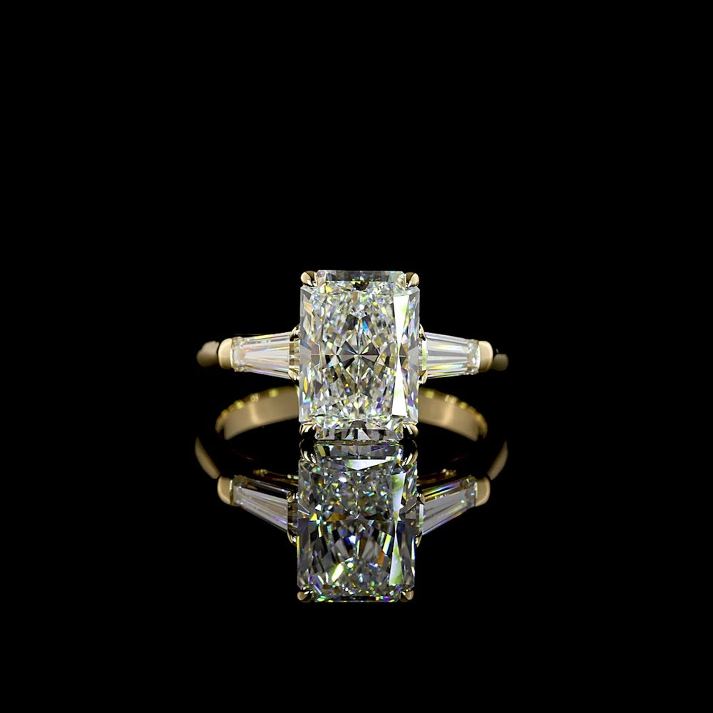 14K Yellow Gold Radiant Cut Three Stone Ring with Tapered Baguette Lab Diamonds - 3.61 Carats Total Diamond Weight - Covaloro Fine Jewelry