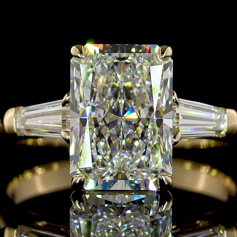 14K Yellow Gold Radiant Cut Three Stone Ring with Tapered Baguette Lab Diamonds - 3.61 Carats Total Diamond Weight - Covaloro Fine Jewelry