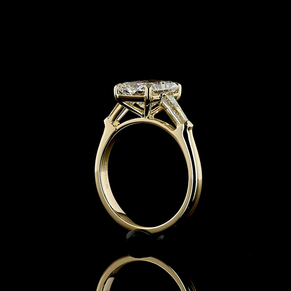 14K Yellow Gold Radiant Cut Three Stone Ring with Tapered Baguette Lab Diamonds - 3.61 Carats Total Diamond Weight - Covaloro Fine Jewelry