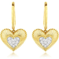 14K Yellow Gold Radiant Sunburst Heart Drop Earrings with Pavé Set Round Diamonds - 0.18 Carat Total Diamond Weight - Royal Jewelry