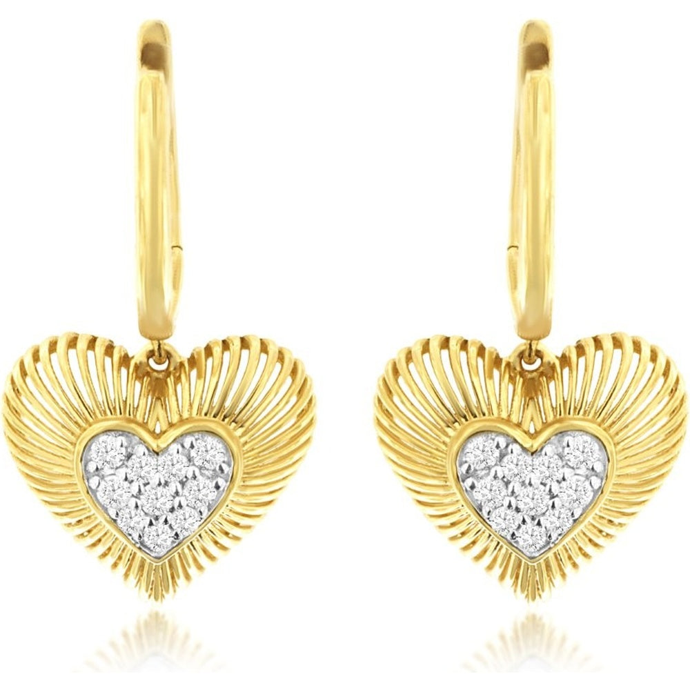 14K Yellow Gold Radiant Sunburst Heart Drop Earrings with Pavé Set Round Diamonds - 0.18 Carat Total Diamond Weight - Royal Jewelry