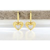 14K Yellow Gold Radiant Sunburst Heart Drop Earrings with Pavé Set Round Diamonds - 0.18 Carat Total Diamond Weight - Royal Jewelry