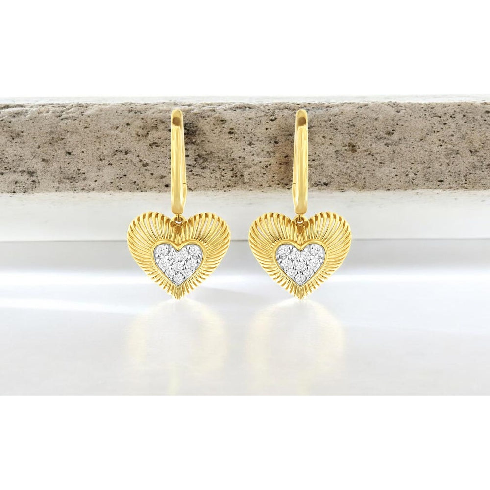 14K Yellow Gold Radiant Sunburst Heart Drop Earrings with Pavé Set Round Diamonds - 0.18 Carat Total Diamond Weight - Royal Jewelry