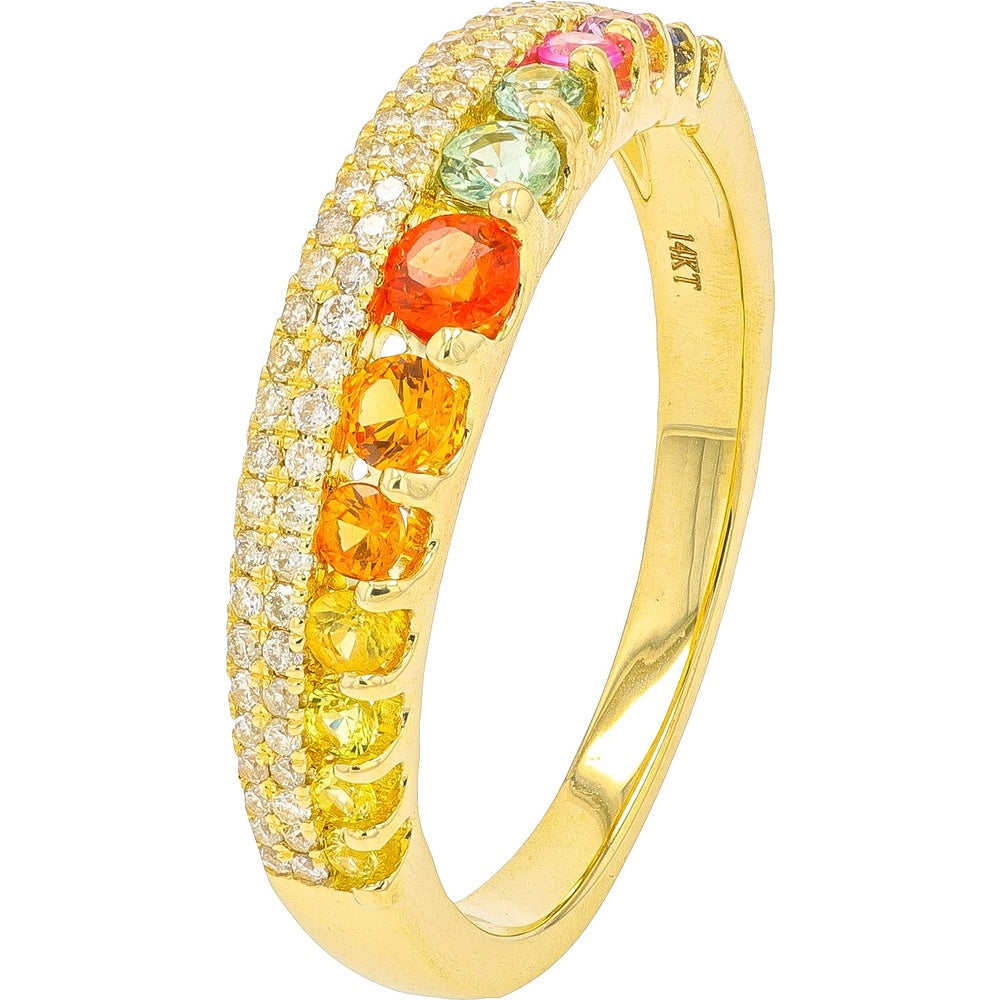 14K Yellow Gold Rainbow Band with Round Multi Sapphires and Diamond Accents - 0.55 Carat Total Sapphire Weight and 0.21 Carat Total Diamond Weight