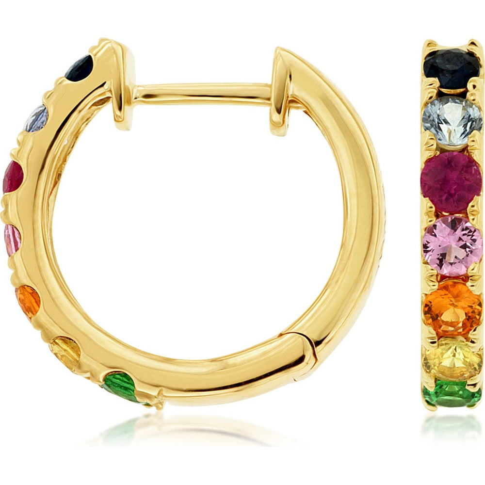 14K Yellow Gold Rainbow Huggie Earrings with Bead-Set Round Multicolored Sapphires - 1.10 Carat Total Sapphire Weight - Royal Jewelry