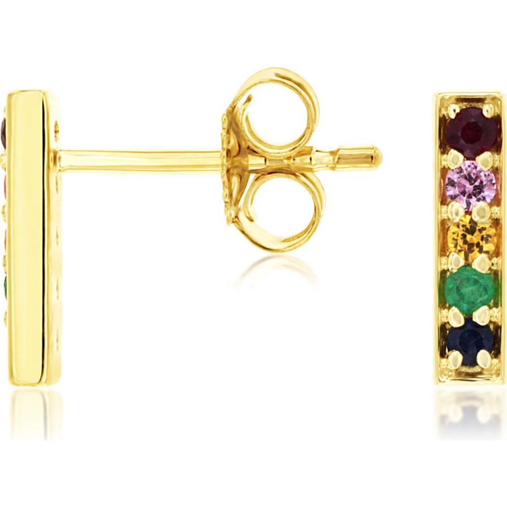 14K Yellow Gold Rainbow Sapphire Bar Stud Earrings with Round Cut Multicolor Gemstones - 0.16 Total Carat Weight - Royal Jewelry
