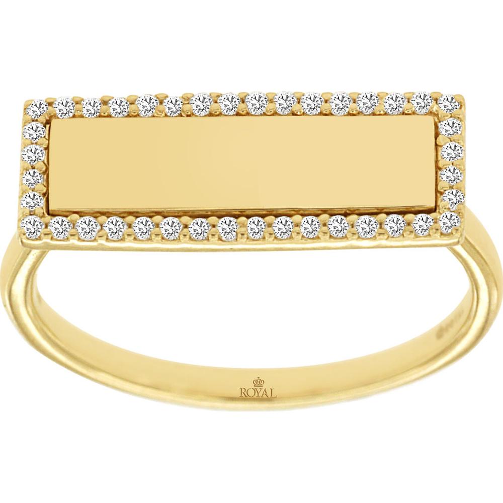 14K Yellow Gold Rectangular Bar Ring with Round Diamond Halo Border - 0.16 Carat Total Diamond Weight - Royal Jewelry