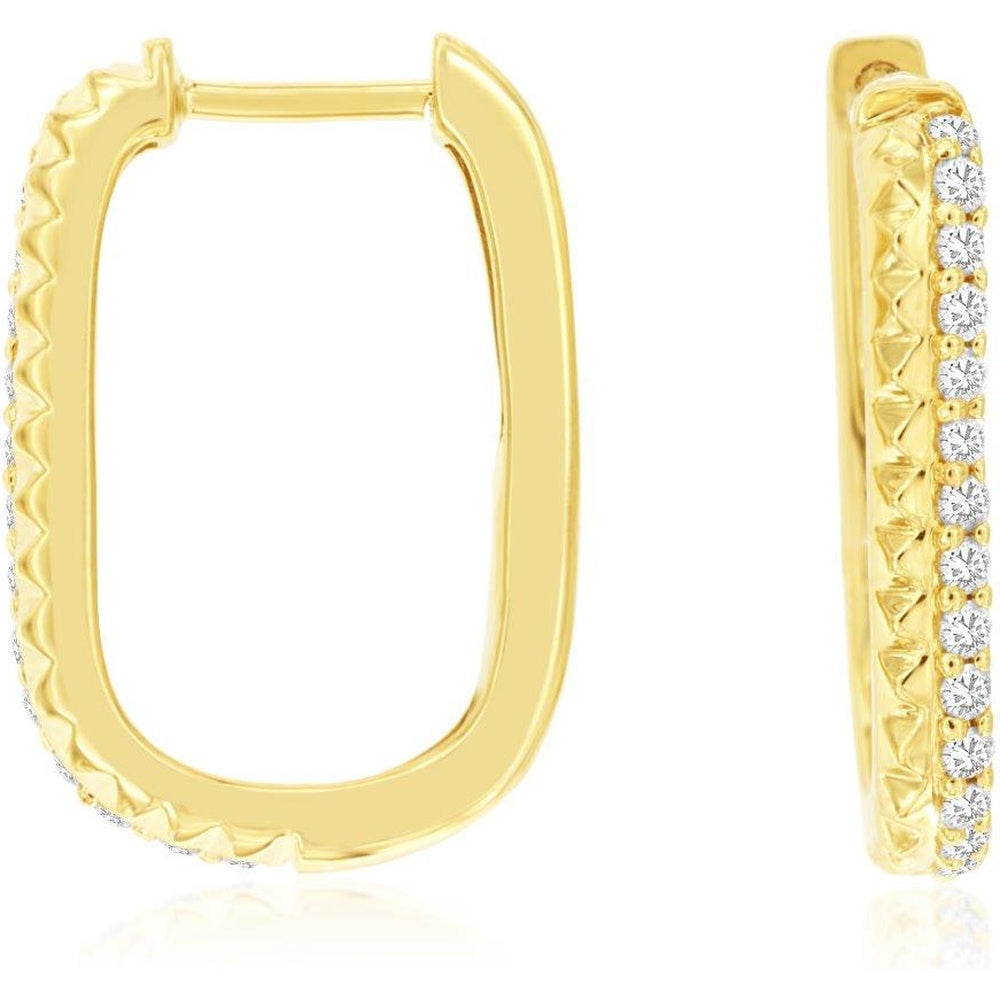 14K Yellow Gold Rectangular Medium Hoop Earrings with Bead-Set Round Diamonds - 0.26 Carat Total Diamond Weight - Royal Jewelry