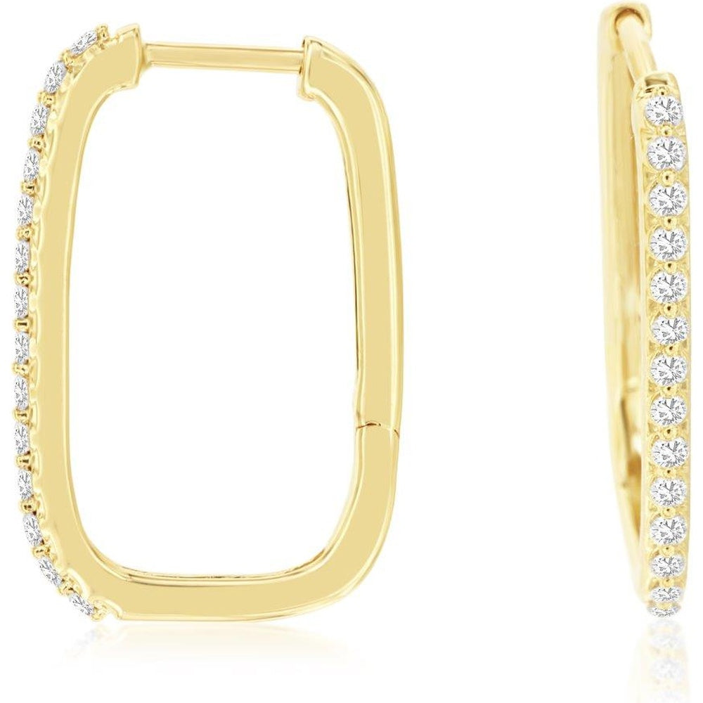 14K Yellow Gold Rectangular Medium Hoop Earrings with Prong-Set Round Diamonds - 0.25 Carat Total Diamond Weight - Royal Jewelry