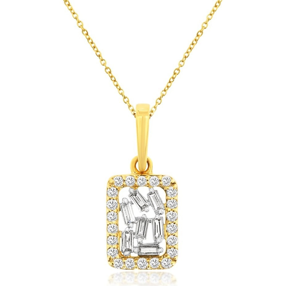 14K Yellow Gold Rectangular Pendant with Baguette and Round Diamond Halo - 0.20 Carat Total Diamond Weight - Royal Jewelry