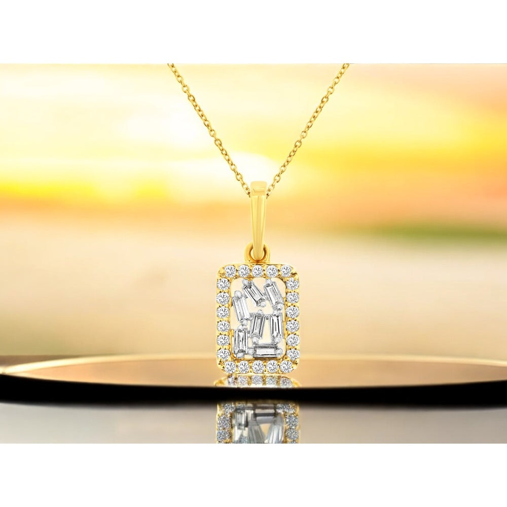14K Yellow Gold Rectangular Pendant with Baguette and Round Diamond Halo - 0.20 Carat Total Diamond Weight - Royal Jewelry