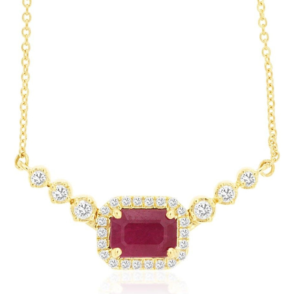 14K Yellow Gold Rectangular Ruby Pendant Necklace with Round Diamond Halo Accents - 1.10 Carat Ruby Total Weight and 0.25 Carat Diamond Total Weight - Royal Jewelry