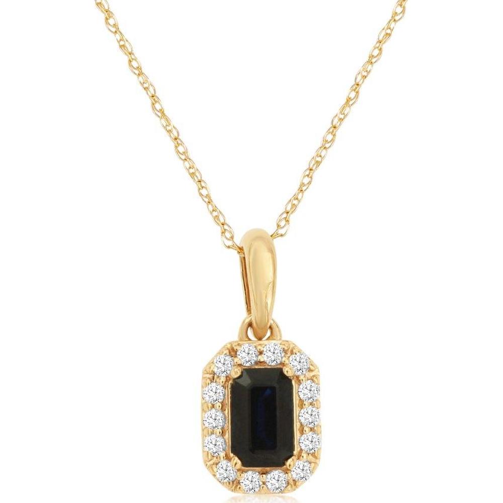 14K Yellow Gold Rectangular Sapphire and Diamond Halo Pendant - 0.37 Carat Sapphire and 0.10 Carat Diamond Total Weight - Royal Jewelry