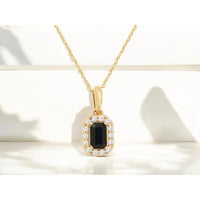 14K Yellow Gold Rectangular Sapphire and Diamond Halo Pendant - 0.37 Carat Sapphire and 0.10 Carat Diamond Total Weight - Royal Jewelry