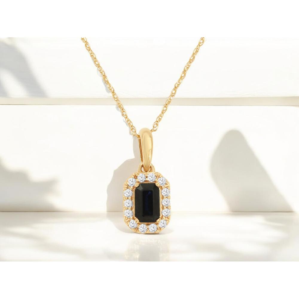 14K Yellow Gold Rectangular Sapphire and Diamond Halo Pendant - 0.37 Carat Sapphire and 0.10 Carat Diamond Total Weight - Royal Jewelry