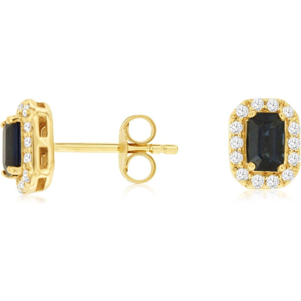 14K Yellow Gold Rectangular Sapphire and Diamond Halo Stud Earrings - 0.74 Carat Total Sapphire Weight and 0.20 Carat Total Diamond Weight - Royal Jewelry