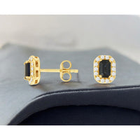 14K Yellow Gold Rectangular Sapphire and Diamond Halo Stud Earrings - 0.74 Carat Total Sapphire Weight and 0.20 Carat Total Diamond Weight - Royal Jewelry