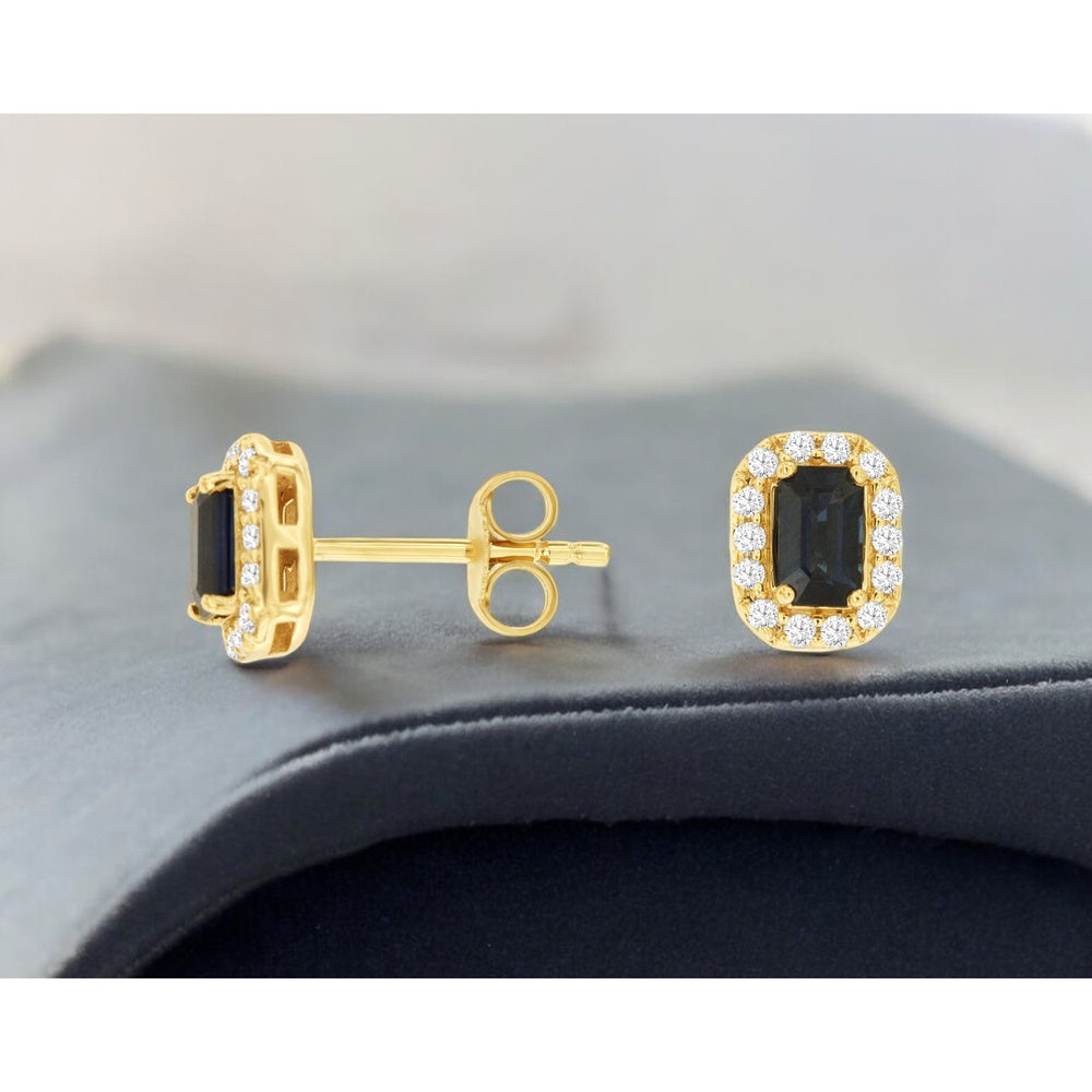 14K Yellow Gold Rectangular Sapphire and Diamond Halo Stud Earrings - 0.74 Carat Total Sapphire Weight and 0.20 Carat Total Diamond Weight - Royal Jewelry