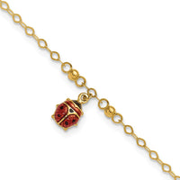 14K Yellow Gold Red and Black Enameled Ladybug Adjustable Anklet with Lobster Clasp - 10" Total Length