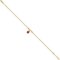 14K Yellow Gold Red and Black Enameled Ladybug Adjustable Anklet with Lobster Clasp - 10" Total Length