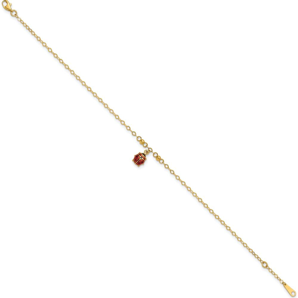 14K Yellow Gold Red and Black Enameled Ladybug Adjustable Anklet with Lobster Clasp - 10" Total Length