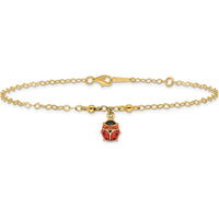 14K Yellow Gold Red and Black Enameled Ladybug Adjustable Anklet with Lobster Clasp - 10" Total Length