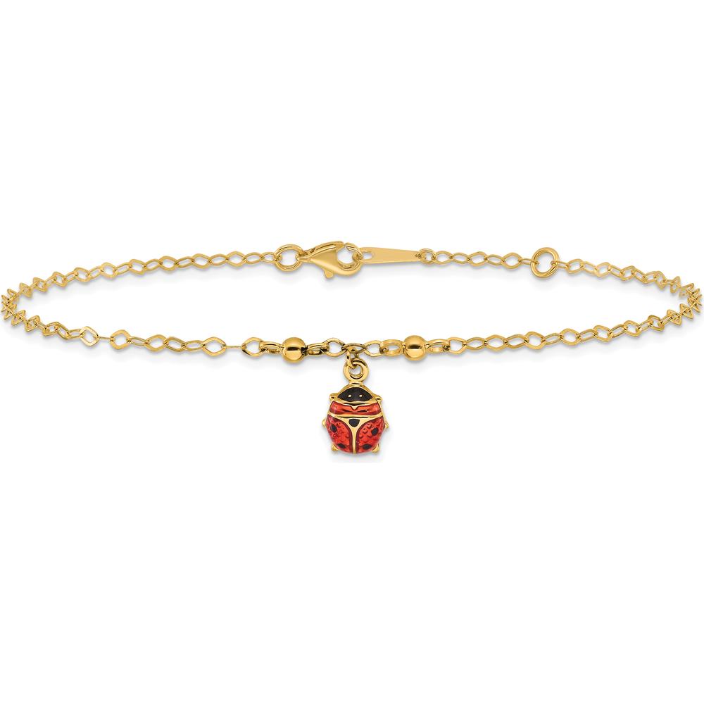 14K Yellow Gold Red and Black Enameled Ladybug Adjustable Anklet with Lobster Clasp - 10" Total Length