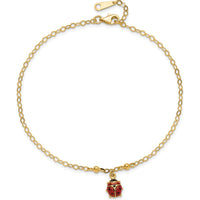 14K Yellow Gold Red and Black Enameled Ladybug Adjustable Anklet with Lobster Clasp - 10" Total Length