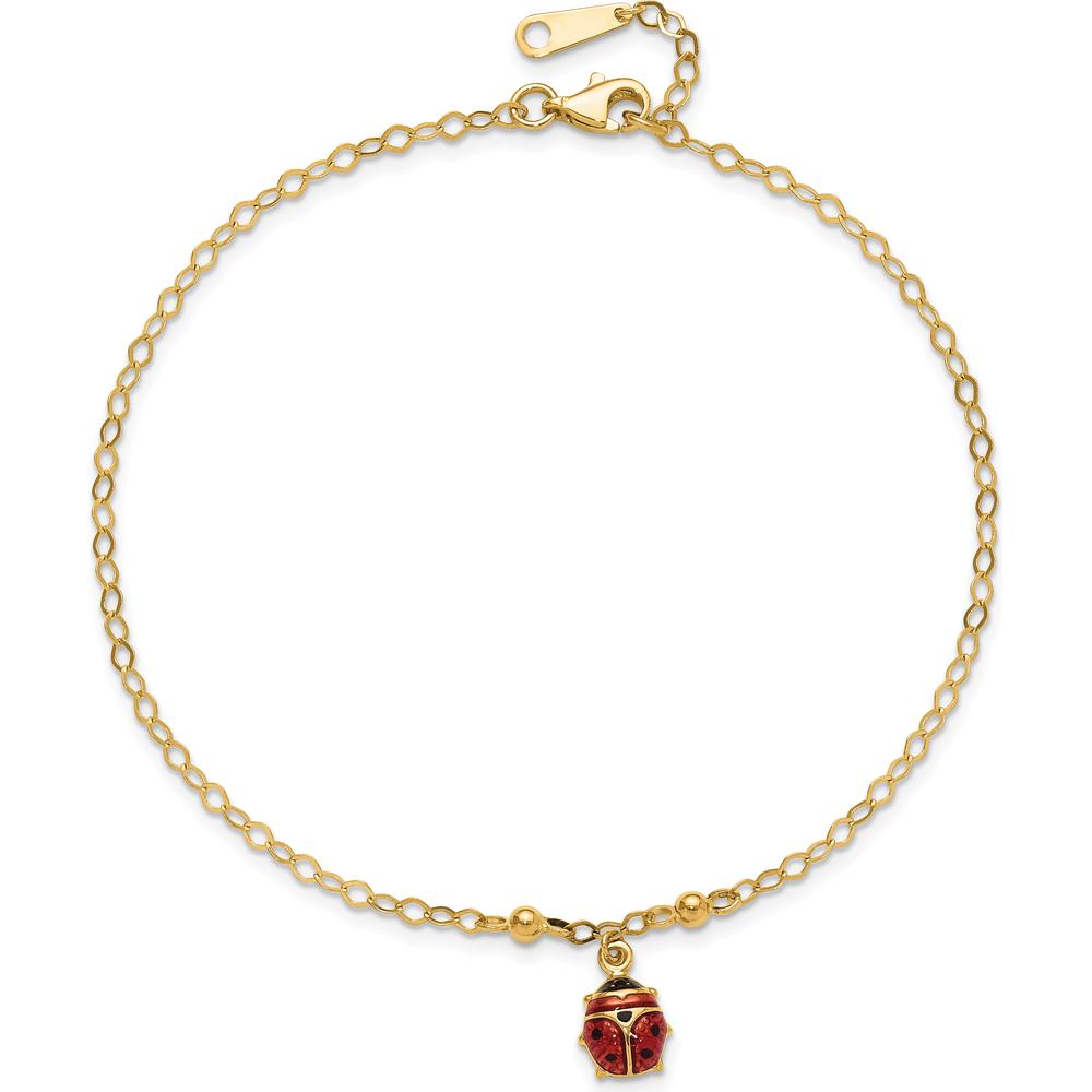 14K Yellow Gold Red and Black Enameled Ladybug Adjustable Anklet with Lobster Clasp - 10" Total Length