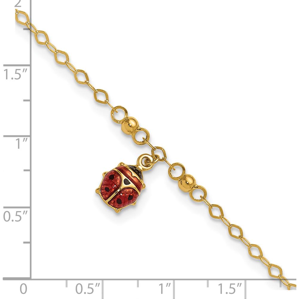 14K Yellow Gold Red and Black Enameled Ladybug Adjustable Anklet with Lobster Clasp - 10" Total Length