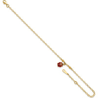 14K Yellow Gold Red and Black Enameled Ladybug Adjustable Anklet with Lobster Clasp - 10" Total Length
