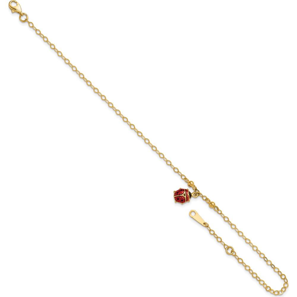 14K Yellow Gold Red and Black Enameled Ladybug Adjustable Anklet with Lobster Clasp - 10" Total Length